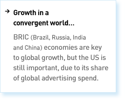 Growth in a convergent world. BRIC (Brazil, Russia, India and China) economies are key to global growth, but the US is still important, due to its share of global advertising spend.